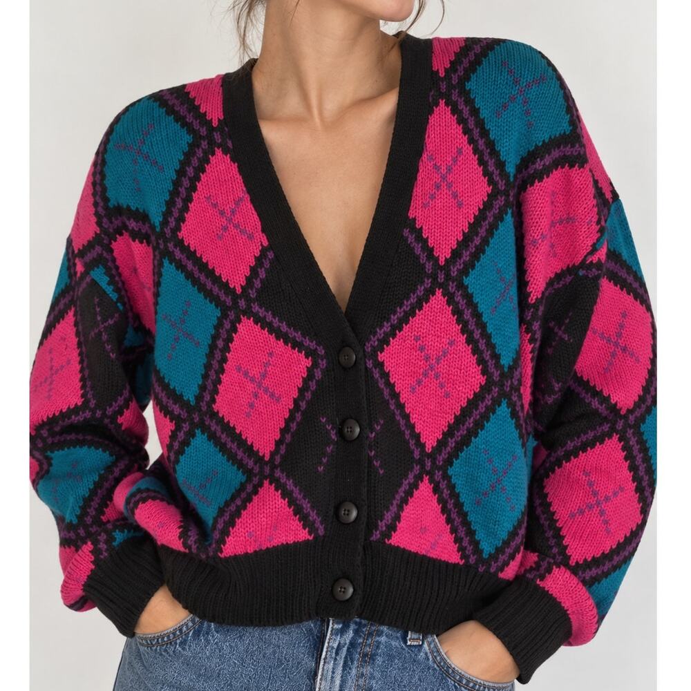 Vintage J.Plum Argyle Cardigan Sweater Womens M Pink Teal Ramie Cotton 80s 90s